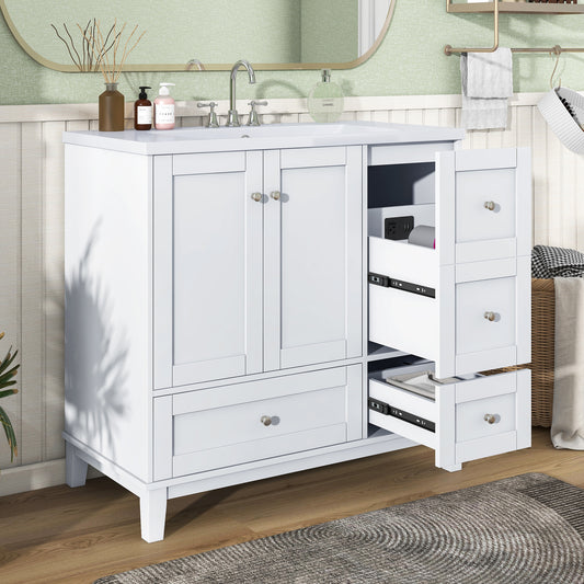36 Inch Modern Bathroom Vanity with USB Charging, Two Doors and Three Drawers Bathroom Storage Vanity Cabinet, Small Bathroom Vanity cabinet with single sink , White & Gray Blue - Faucets Not Included