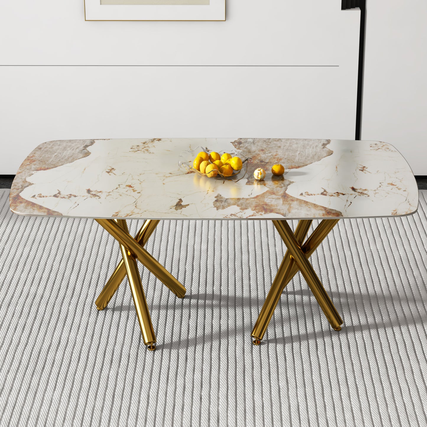 SleekMarble Rectangular Dining Table - Features a 0.39-inch Imitation Marble Top and Elegant Gold-Plated Metal Legs