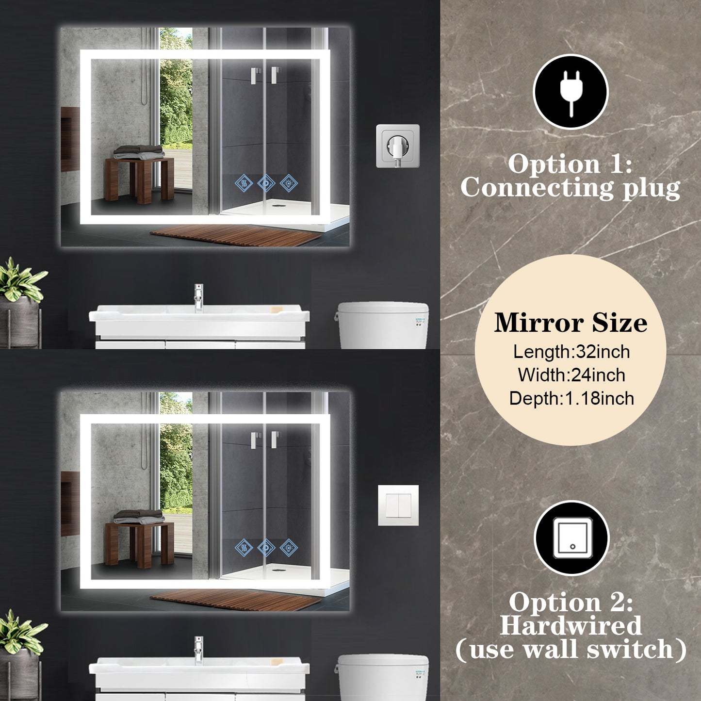 32x24inch Glossy Brushed Silver 3000-6000K LED Bathroom Mirror With Lights,Anti-Fog Dimmable Lighted Wall Mounted Vanity Mirror Master Bath Modern Makeup(Horizontal & Vertical)