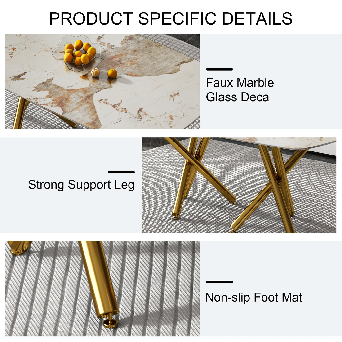SleekMarble Rectangular Dining Table - Features a 0.39-inch Imitation Marble Top and Elegant Gold-Plated Metal Legs